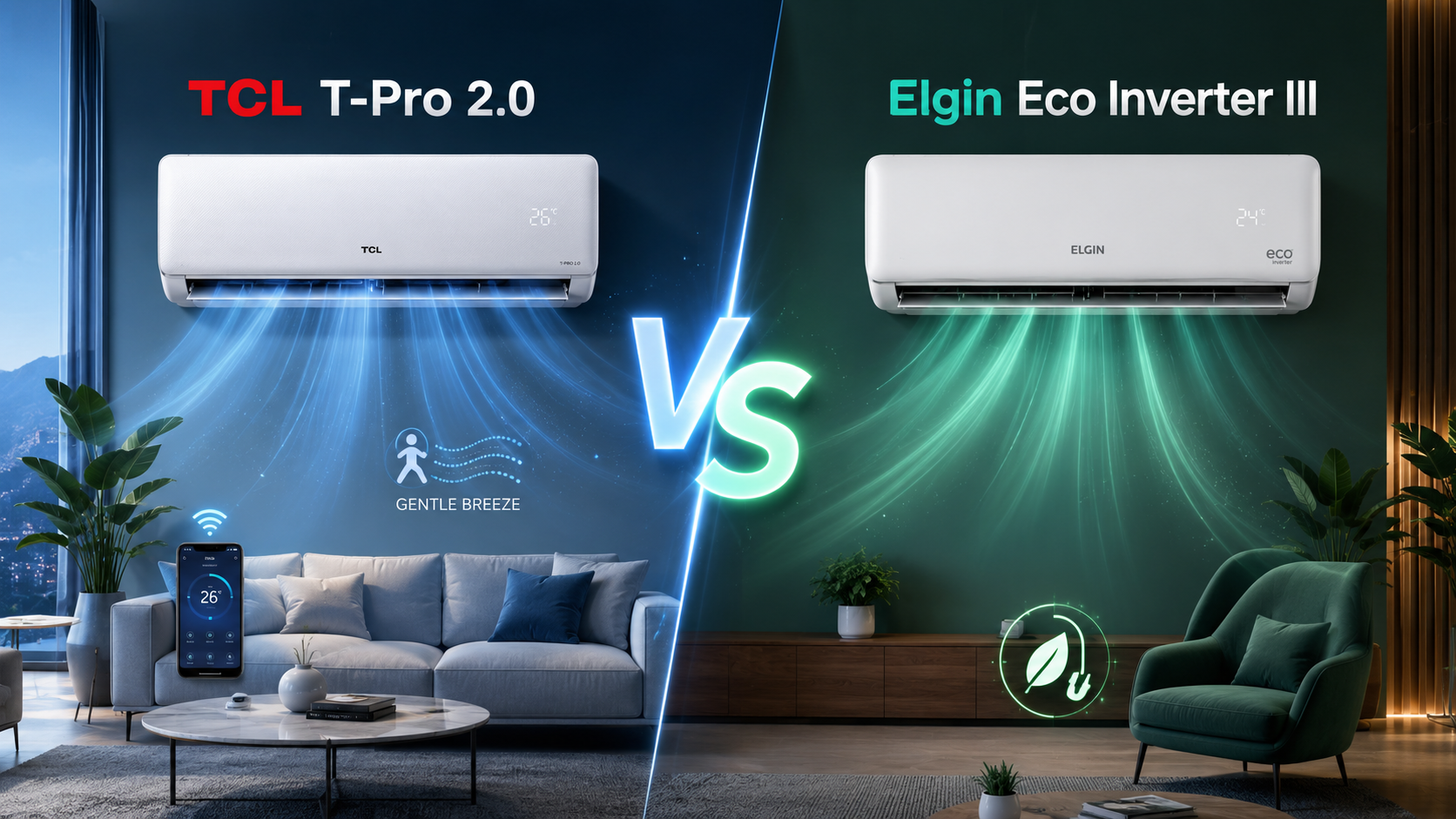 Imagem do comparativo: TCL T-Pro 2.0 vs Elgin Eco Inverter III: qual ar-condicionado combina mais com você?