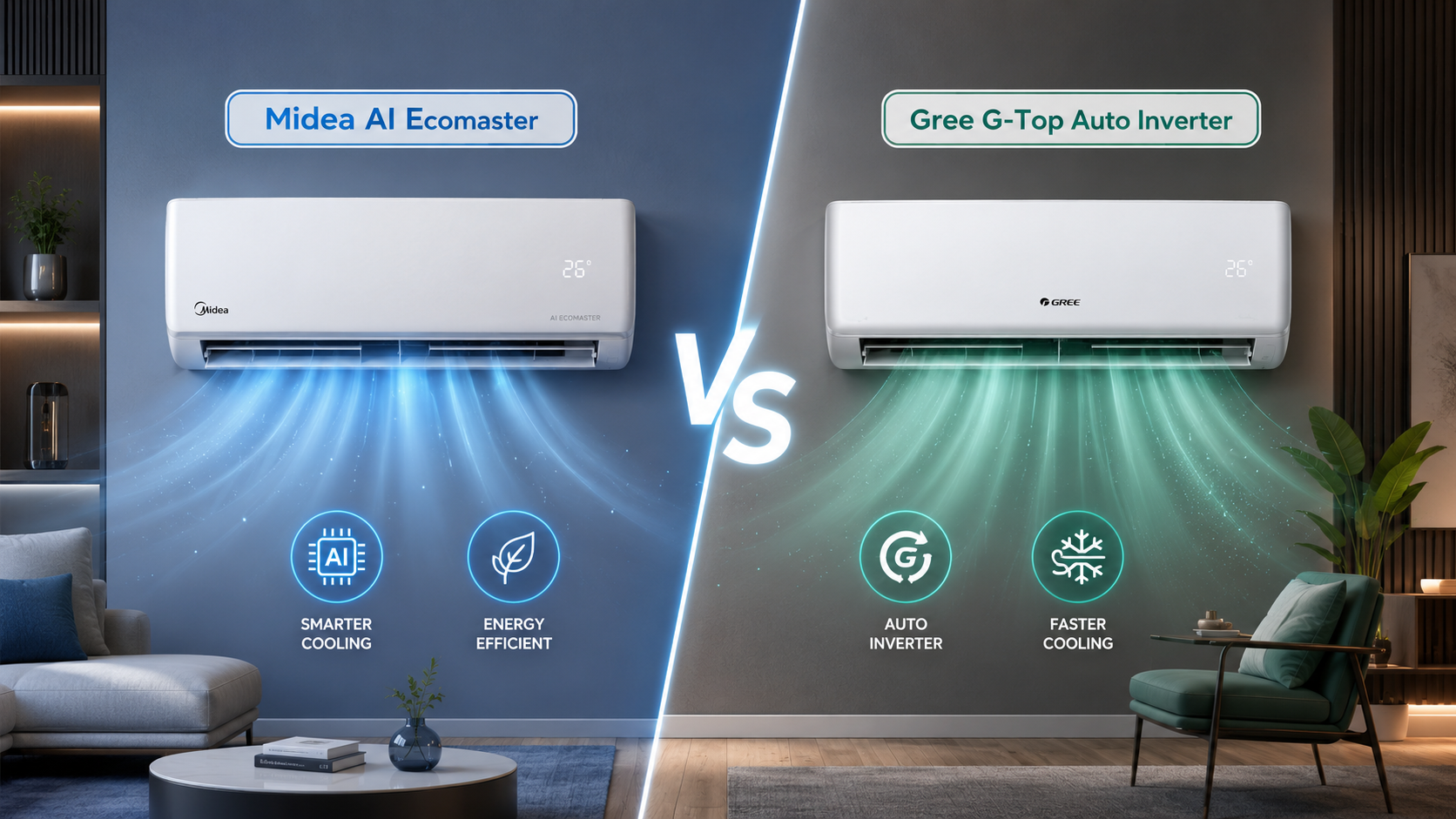 Imagem do comparativo: Midea AI Ecomaster vs Gree G-Top Auto Inverter: qual ar-condicionado vale mais a pena?
